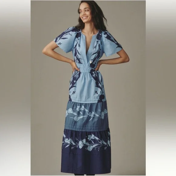Anthropologie Somerset Blue Floral Tiered Maxi Dress NWT M Boho Viral Spring - Picture 2 of 10